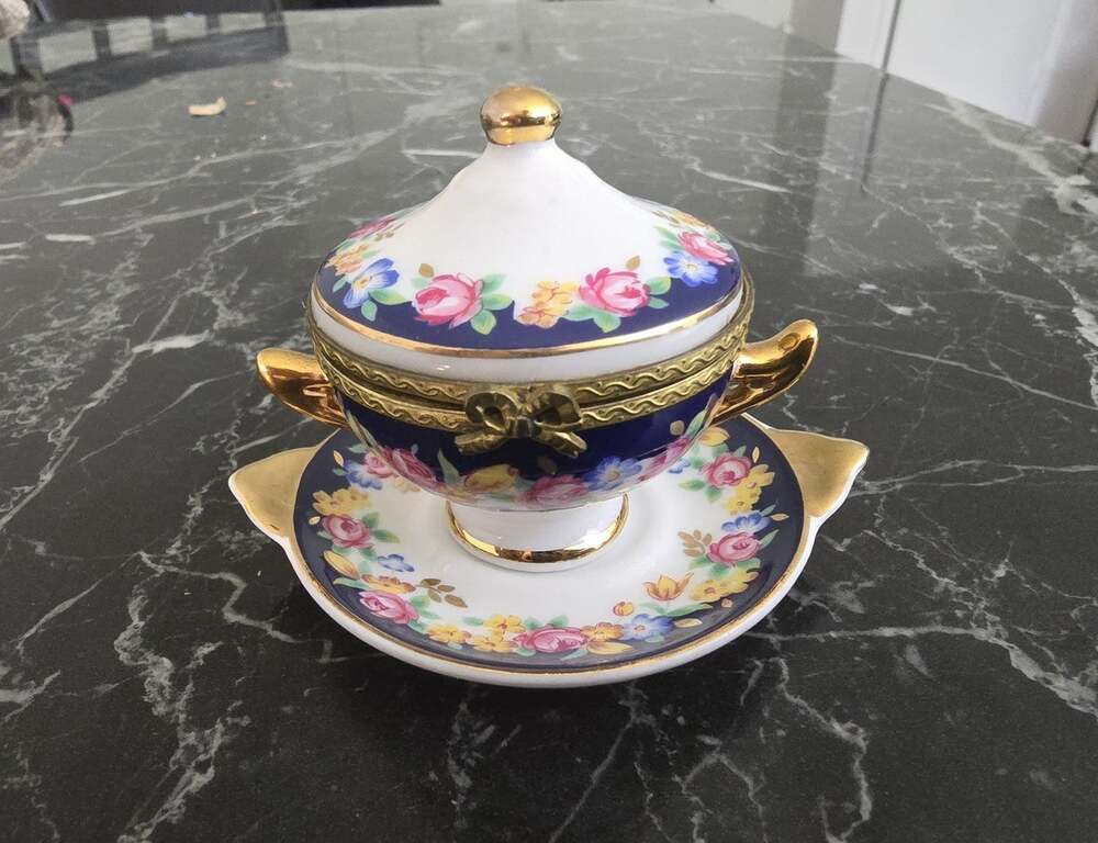 Vintage Cobalt Blue Floral Porcelain Trinket Box with Hinged Lid and Saucer